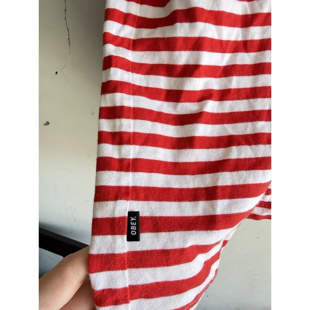 Obey Worldwide Men's Red/White Stripe Short Sleeve Shirt Green Embroidery Large